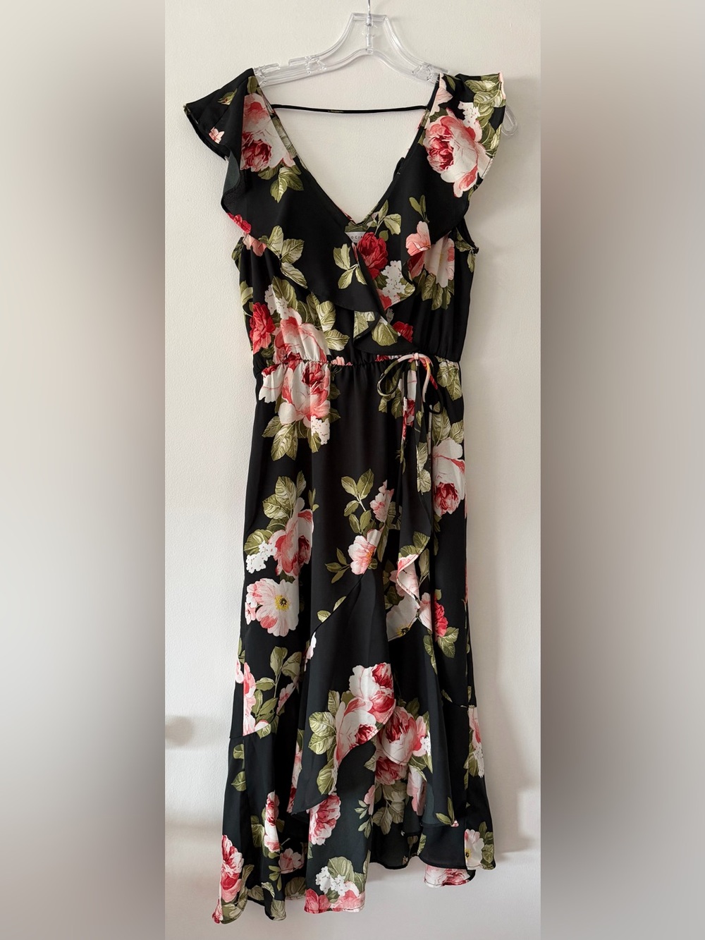 Autumn Wedding Guest Dress SOCIALITE Black Floral Faux Wrap Ruffle Midi Size S